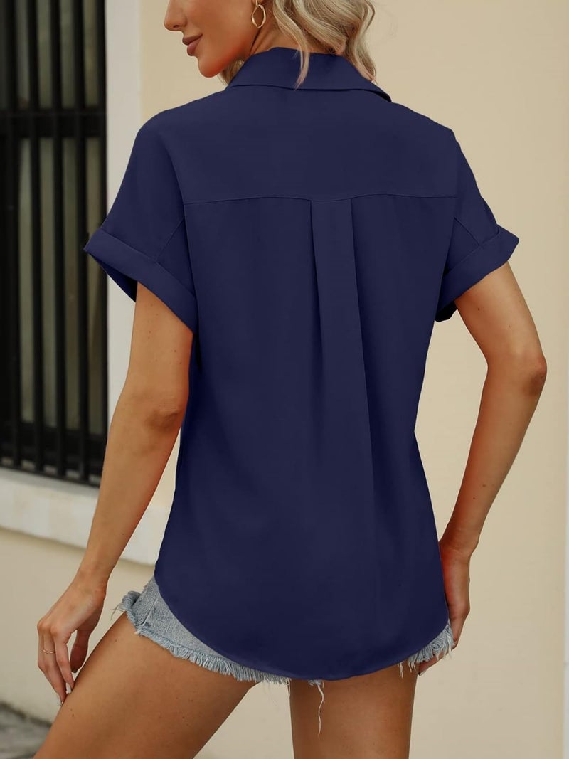 Beautife Womens Short Sleeve Shirts V Neck Collared Button Down Shirt Tops with Pockets Navy Blue - Image 5